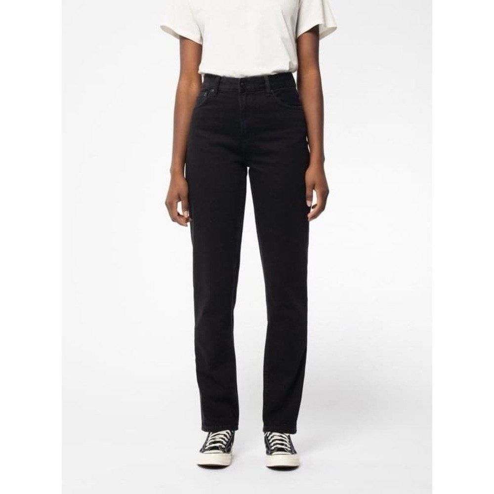Nudie Jeans NWT Lofty Lo Black Soul W29 L28 Denim Cotton High Waist Straight Leg